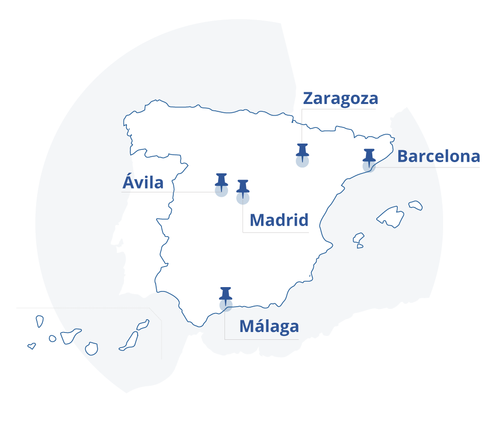Mapa del territorio español Mapa del territorio español con las ciudades evaluadas: Ávila, Zaragoza, Barcelona, Madrid, Málaga