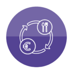 icono blanco representando dos flechas formando un circulo, sobre una el simbolo del euro y sobre la otra el icono de cuchara y tenedor